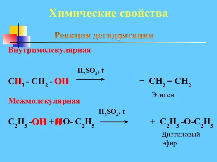 Химические свойства Внутримолекулярная H2SO4, t СН3 - СН2 - ОН