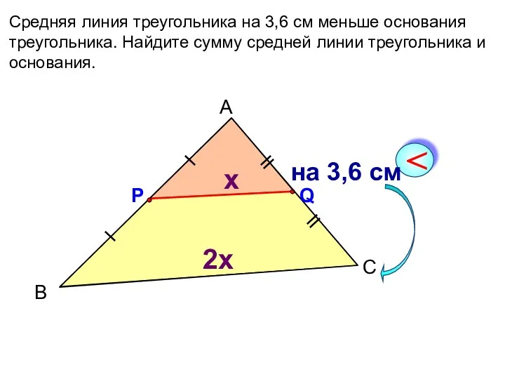 Средняя линия треугольника на 3,6 см меньше основания треугольника. Найдите