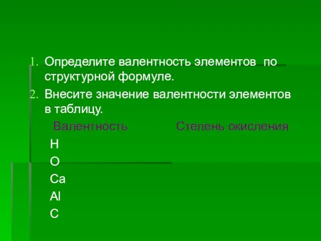 Определите валентность элементов по структурной формуле. Внесите значение валентности элементов в таблицу. Валентность