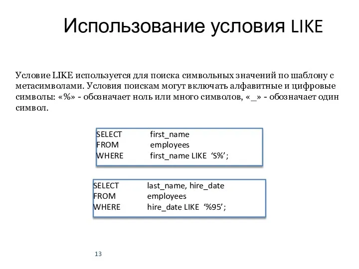 Использование условия LIKE Условие LIKE используется для поиска символьных значений