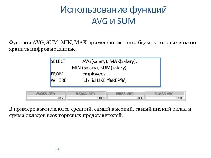 Использование функций AVG и SUM SELECT AVG(salary), MAX(salary), MIN (salary),