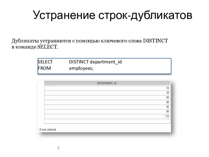 Устранение строк-дубликатов Дубликаты устраняются с помощью ключевого слова DISTINCT в