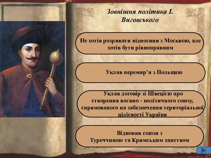 Робота з док. Стор.147 Зовнішня політика І.Виговського Відновив союзи з Туреччиною та Кримським ханством