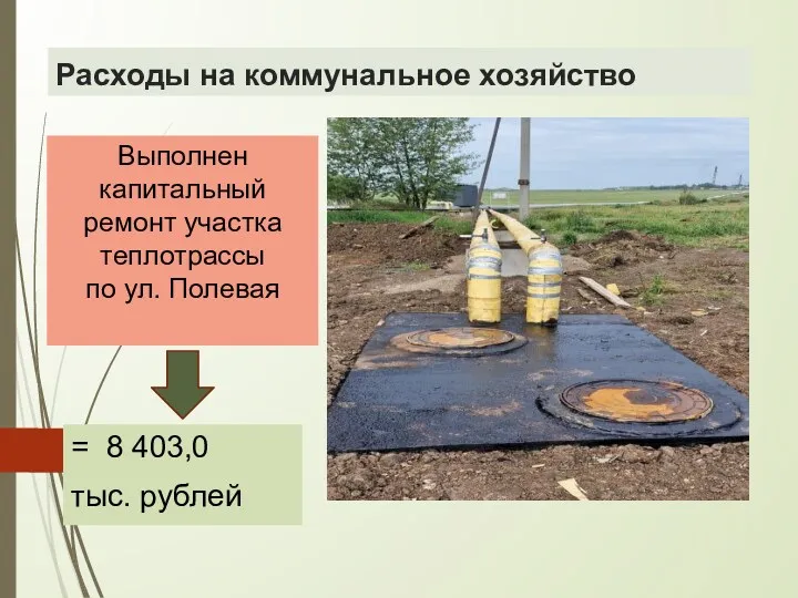 Расходы на коммунальное хозяйство = 8 403,0 тыс. рублей Выполнен