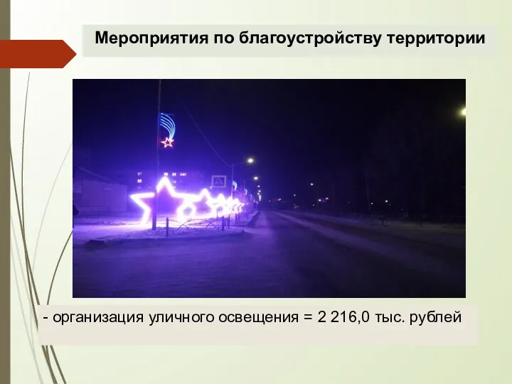 Мероприятия по благоустройству территории - организация уличного освещения = 2 216,0 тыс. рублей