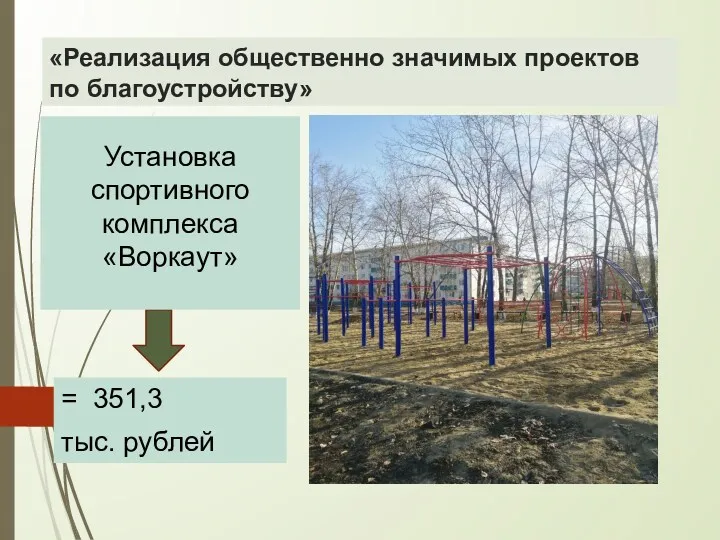 «Реализация общественно значимых проектов по благоустройству» = 351,3 тыс. рублей Установка спортивного комплекса «Воркаут»