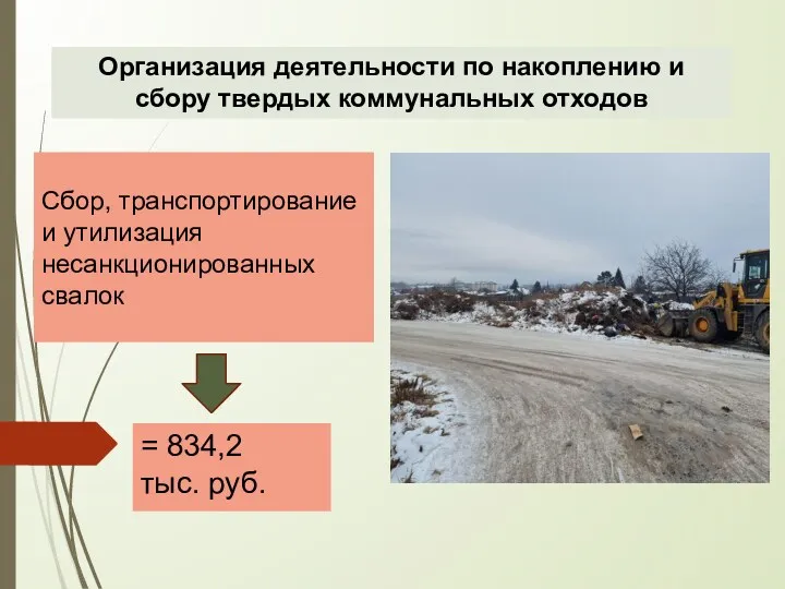 Сбор, транспортирование и утилизация несанкционированных свалок = 834,2 тыс. руб.