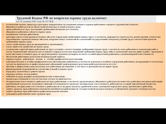 Трудовой Кодекс РФ по вопросам охраны труда включает (от 30