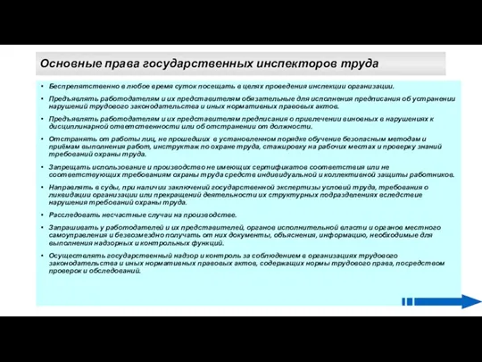 Основные права государственных инспекторов труда Беспрепятственно в любое время суток