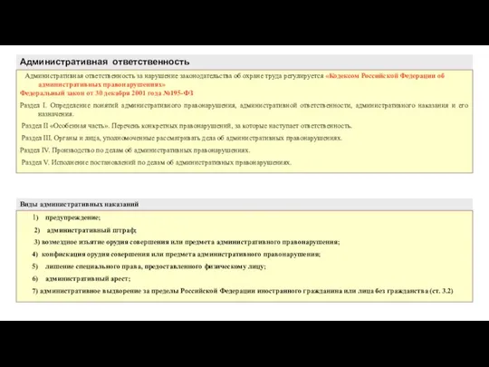 Административная ответственность Административная ответственность за нарушение законодательства об охране труда