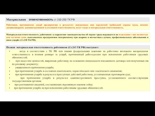 Материальная ответственность ст 232-250 ТК РФ Работники, причинившие ущерб предприятию