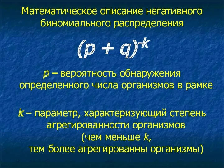 Математическое описание негативного биномиального распределения (р + q)-k р –