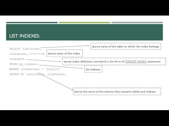 LIST INDEXES: SELECT tablename, indexname, indexdef FROM pg_indexes WHERE schemaname