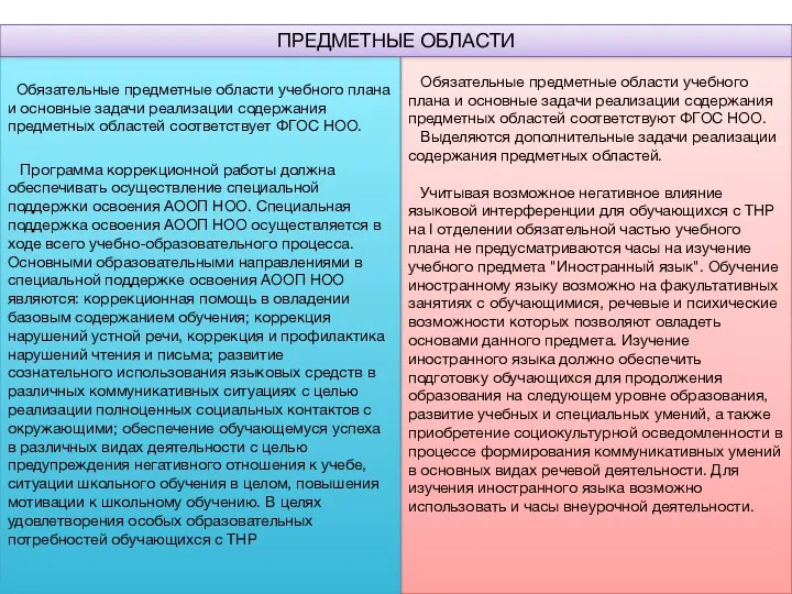 Обязательные предметные области учебного плана и основные задачи реализации содержания