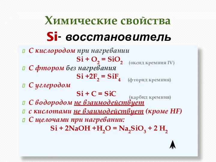 Химические свойства С кислородом при нагревании Si + O2 =