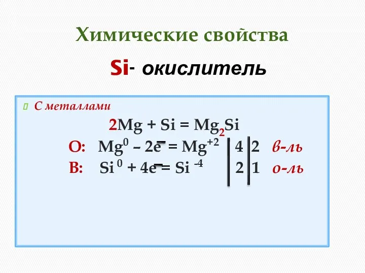 Химические свойства С металлами 2Mg + Si = Mg2Si О: