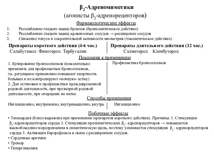 β2-Адреномиметики (агонисты β2-адренорецепторов) Фармакологические эффекты Расслабление гладких мышц бронхов (бронхолитическое