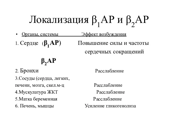 Локализация β1АР и β2АР Органы, системы Эффект возбуждения 1. Сердце