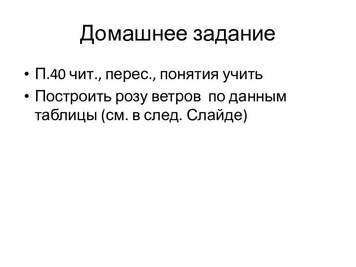 Домашнее задание П.40 чит., перес., понятия учить Построить розу ветров