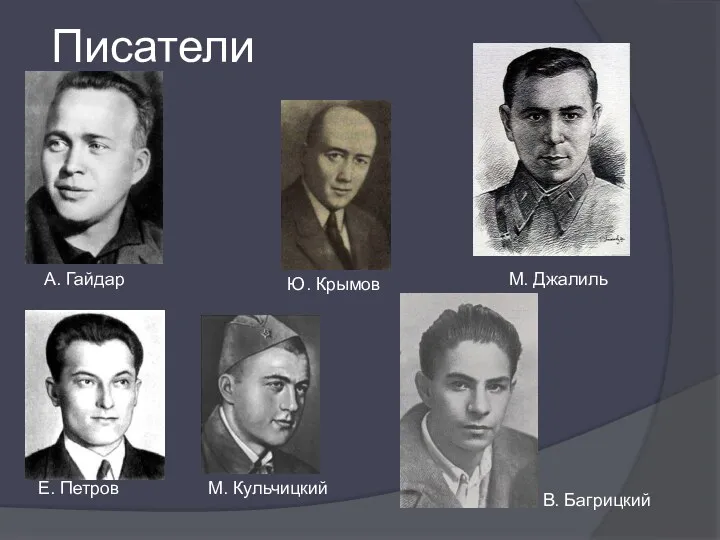 Писатели А. Гайдар Е. Петров Ю. Крымов М. Джалиль М. Кульчицкий В. Багрицкий