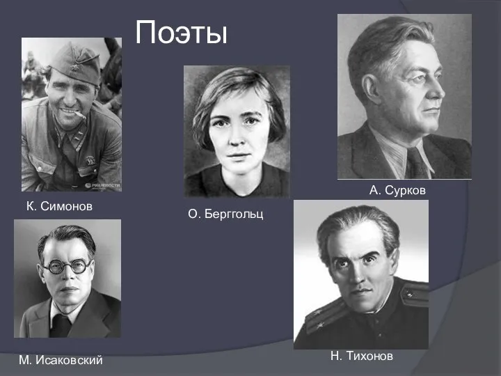 Поэты К. Симонов А. Сурков М. Исаковский О. Берггольц Н. Тихонов