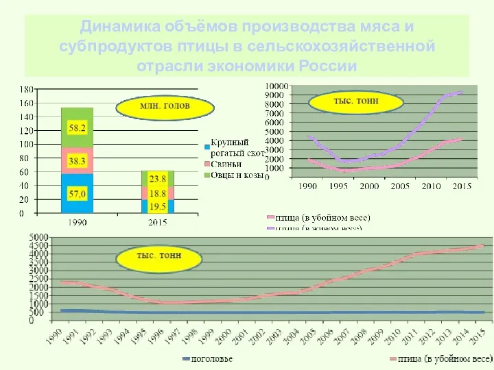 Динамика объёмов производства мяса и субпродуктов птицы в сельскохозяйственной отрасли экономики России