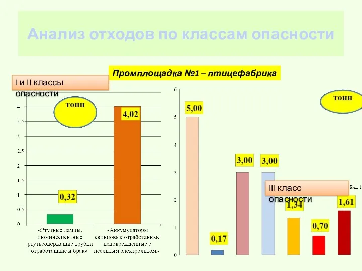 Анализ отходов по классам опасности Промплощадка №1 – птицефабрика I