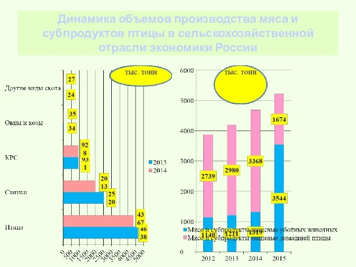 Динамика объемов производства мяса и субпродуктов птицы в сельскохозяйственной отрасли экономики России