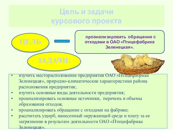 Цель и задачи курсового проекта ЦЕЛЬ проанализировать обращение с отходами