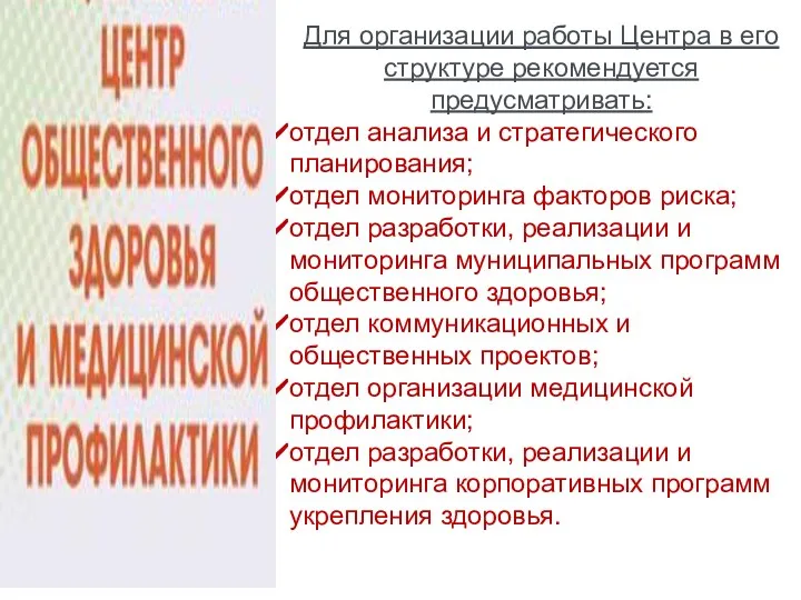 Для организации работы Центра в его структуре рекомендуется предусматривать: отдел