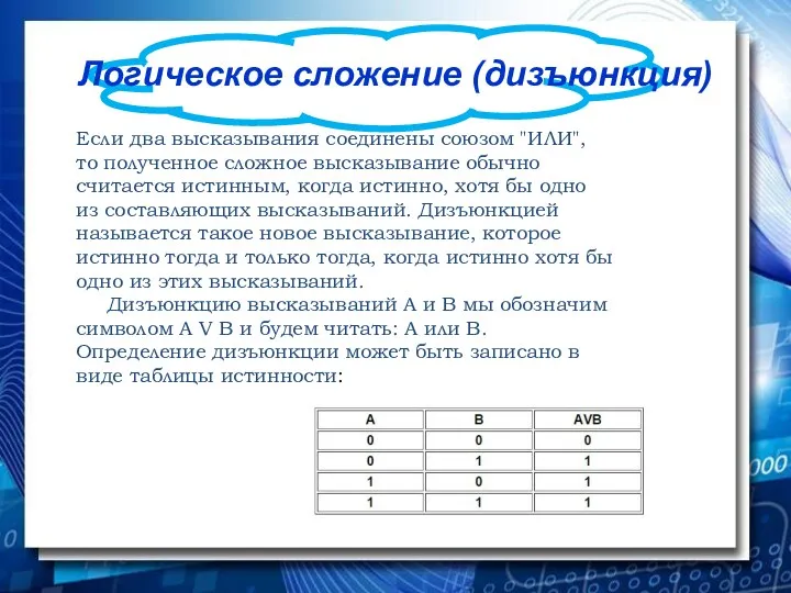 Логическое сложение (дизъюнкция) Если два высказывания соединены союзом "ИЛИ", то