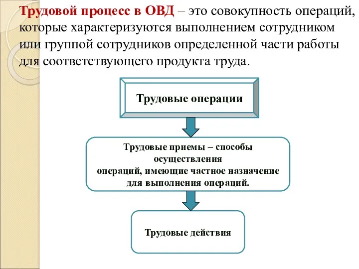 Трудовой процесс в ОВД – это совокупность операций, которые характеризуются выполнением сотрудником или