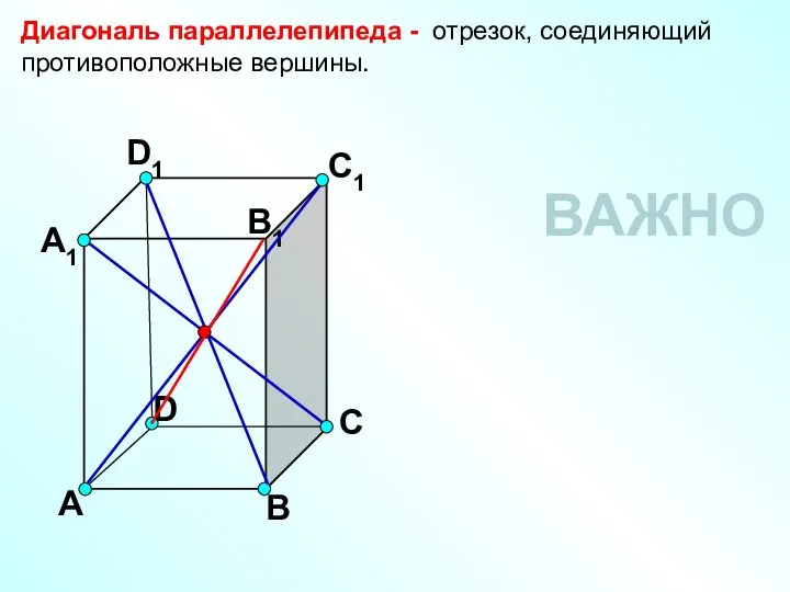 А В С D А1 D1 С1 B1 Диагональ параллелепипеда - отрезок, соединяющий противоположные вершины. ВАЖНО