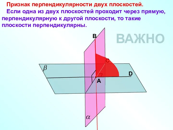 Признак перпендикулярности двух плоскостей. Если одна из двух плоскостей проходит