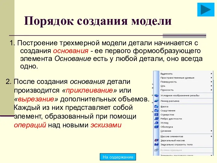 Порядок создания модели 1. Построение трехмерной модели детали начинается с