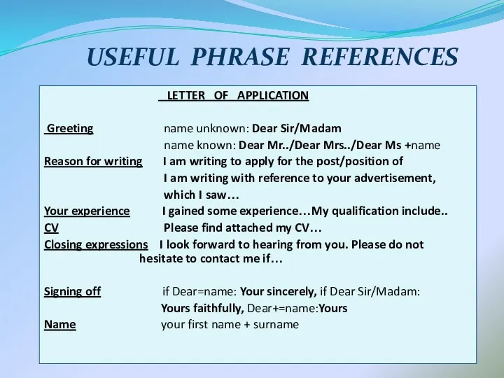 USEFUL PHRASE REFERENCES LETTER OF APPLICATION Greeting name unknown: Dear