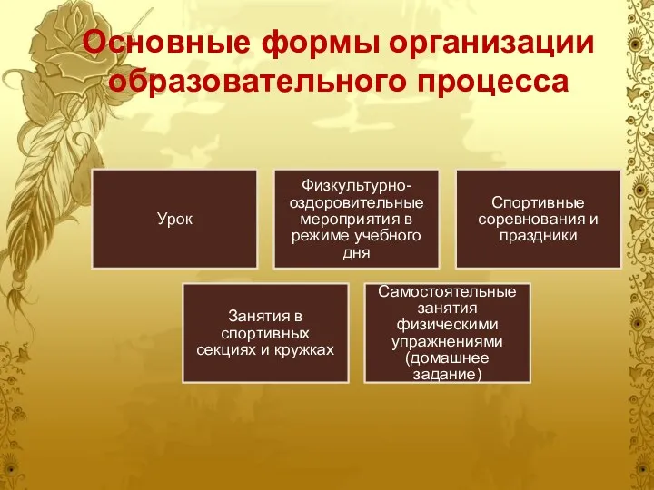 Основные формы организации образовательного процесса Урок Физкультурно-оздоровительные мероприятия в режиме