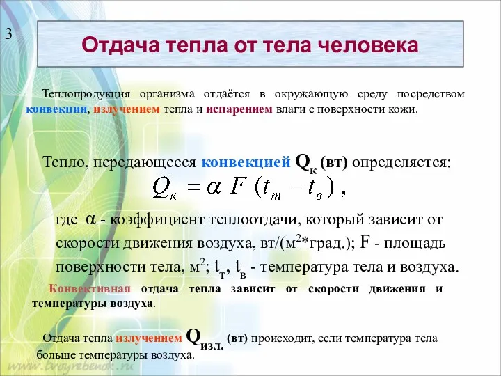 Отдача тепла от тела человека Теплопродукция организма отдаётся в окружающую