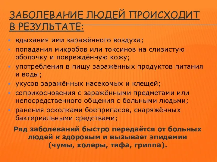 ЗАБОЛЕВАНИЕ ЛЮДЕЙ ПРОИСХОДИТ В РЕЗУЛЬТАТЕ: вдыхания ими заражённого воздуха; попадания