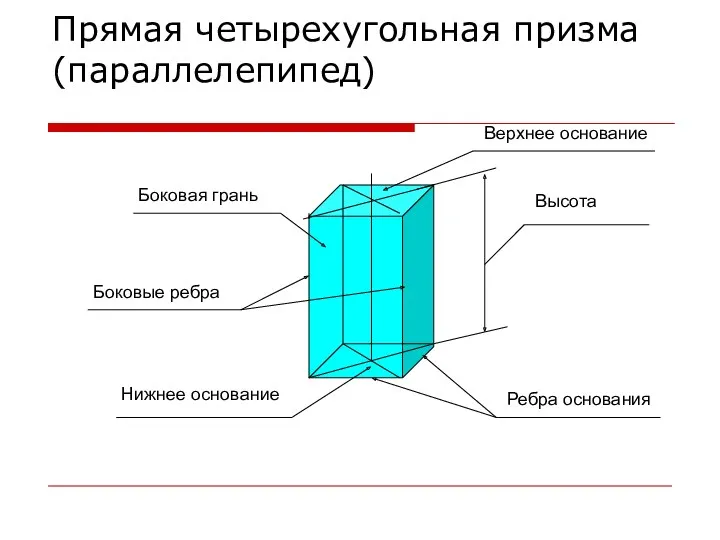 Прямая четырехугольная призма (параллелепипед) Верхнее основание Нижнее основание Ребра основания Боковые ребра Высота Боковая грань