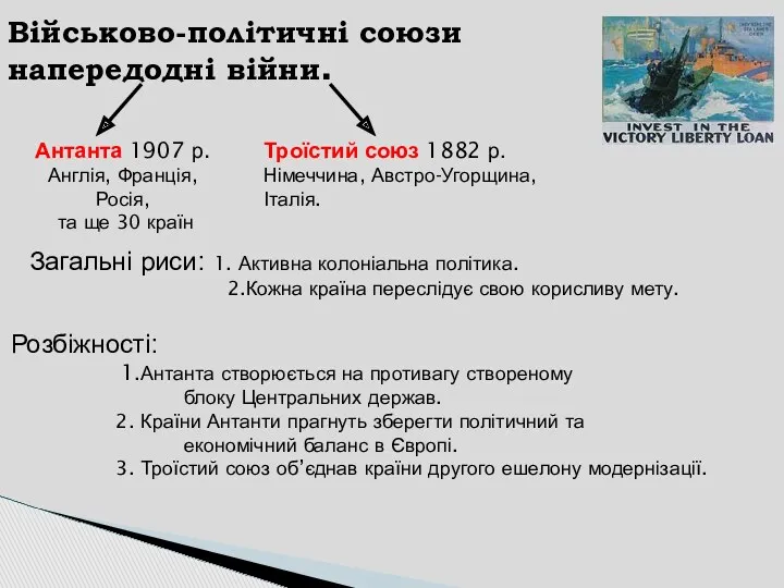 Військово-політичні союзи напередодні війни. Антанта 1907 р. Англія, Франція, Росія,