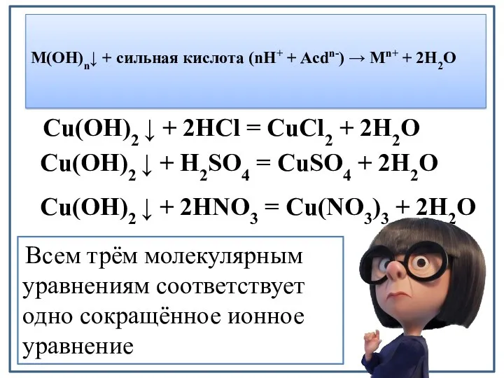 М(OH)n↓ + сильная кислота (nH+ + Acdn-) → Мn+ +