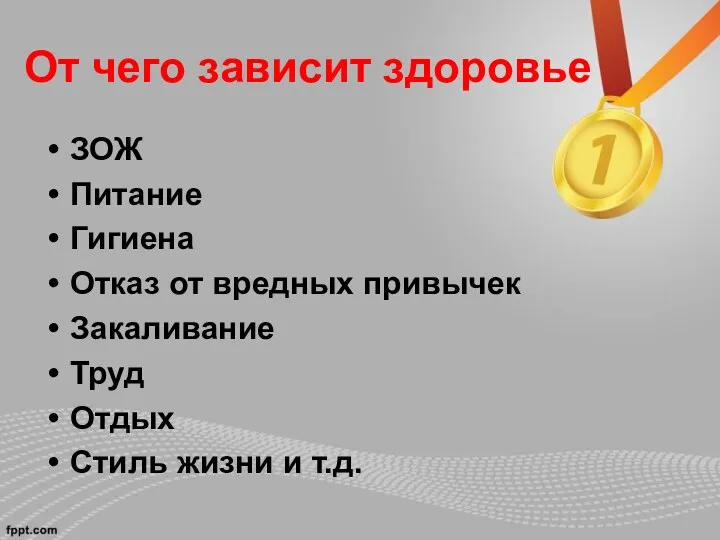 От чего зависит здоровье ЗОЖ Питание Гигиена Отказ от вредных