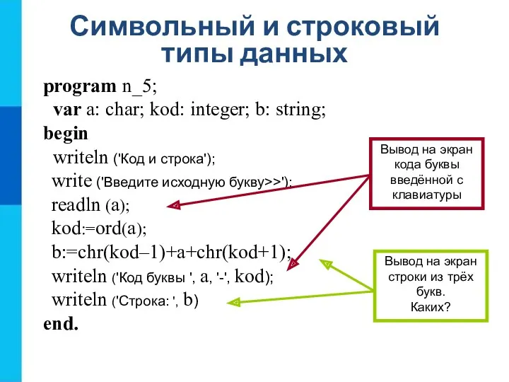 Символьный и строковый типы данных program n_5; var a: char;