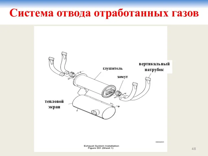 Система отвода отработанных газов глушитель хомут вертикальный патрубок тепловой экран