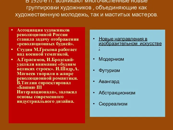 В 1920-е гг. возникают многочисленные новые группировки художников , объединяющие