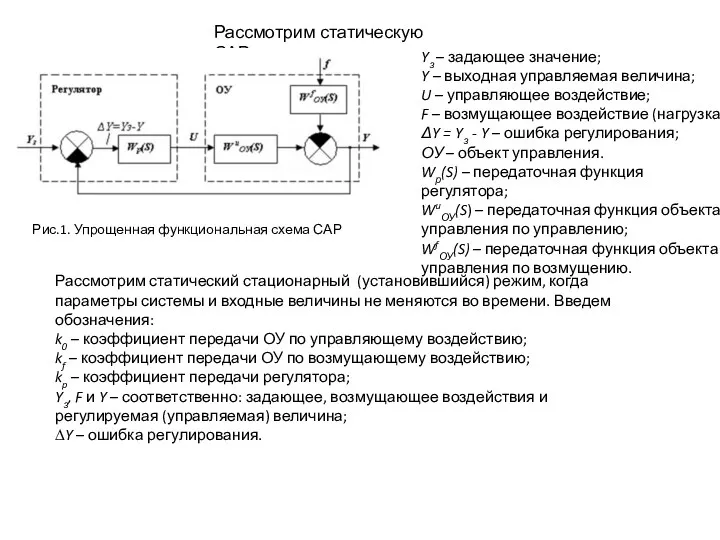 Рассмотрим статическую САР Рис.1. Упрощенная функциональная схема САР Yз –