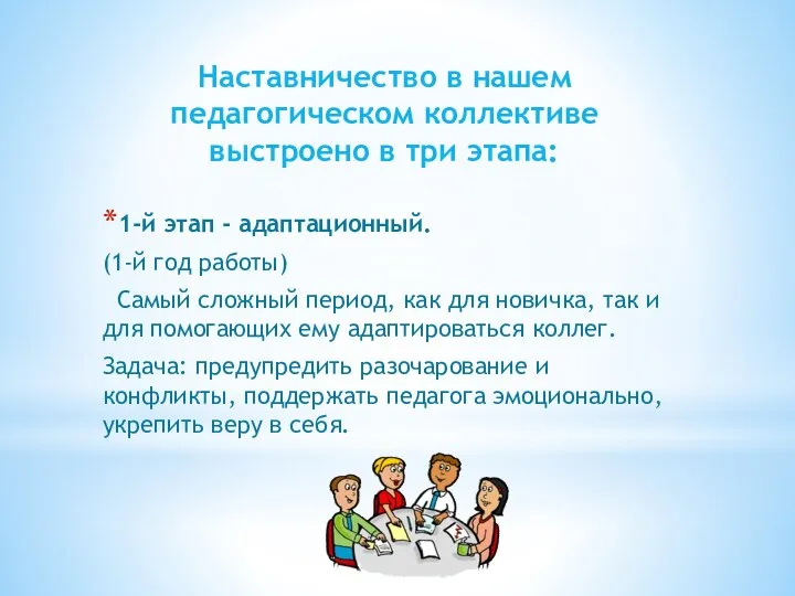 Наставничество в нашем педагогическом коллективе выстроено в три этапа: 1-­й