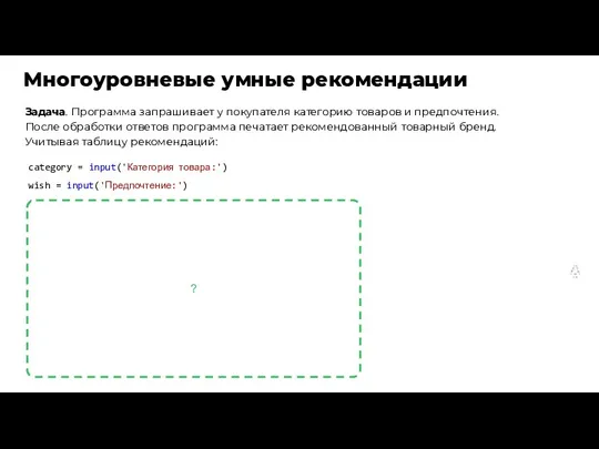 Многоуровневые умные рекомендации Задача. Программа запрашивает у покупателя категорию товаров