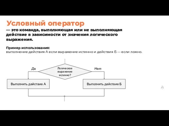 Условный оператор — это команда, выполняющая или не выполняющая действие